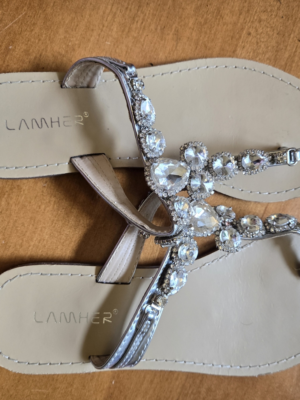 Crystal Embellished Nude T-Strap Sandals